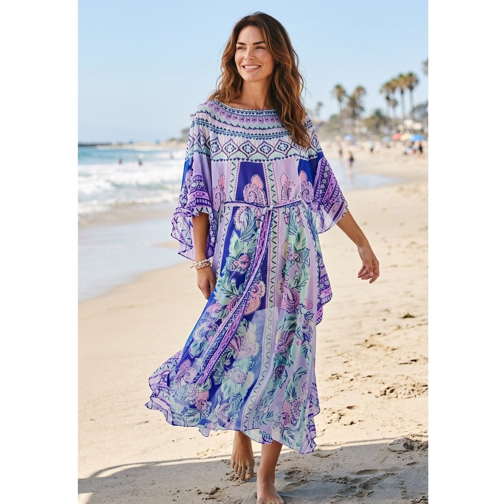 Lilly Pulitzer "Moroccon Mint" Caftan Ruffle Maxi Cover Up Dress Belted S/M